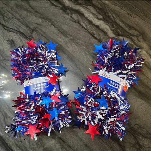 New American 4th of July Patriotic Tinsel garland bundle of 2, 9 ft each - Picture 1 of 4